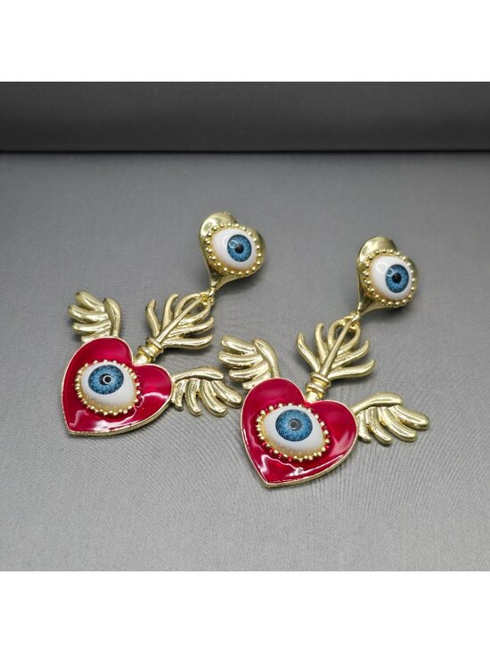 Unbranded Jewelry - Surrealist Evil Eye Sacred Heart Drop Earrings 3" Gold Red Enamel Statement